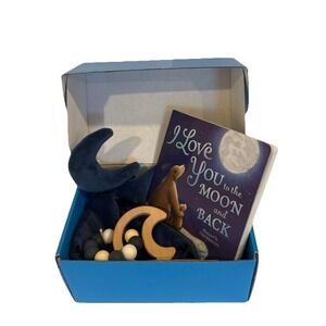 Unisex Baby Shower Box, I Love You to the Moon & Back book, Moon Lovey & Teether